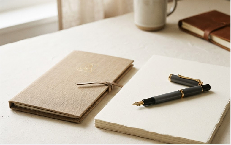 Exemption Guidance Package — linen folder, paper and fountain pen on a desk